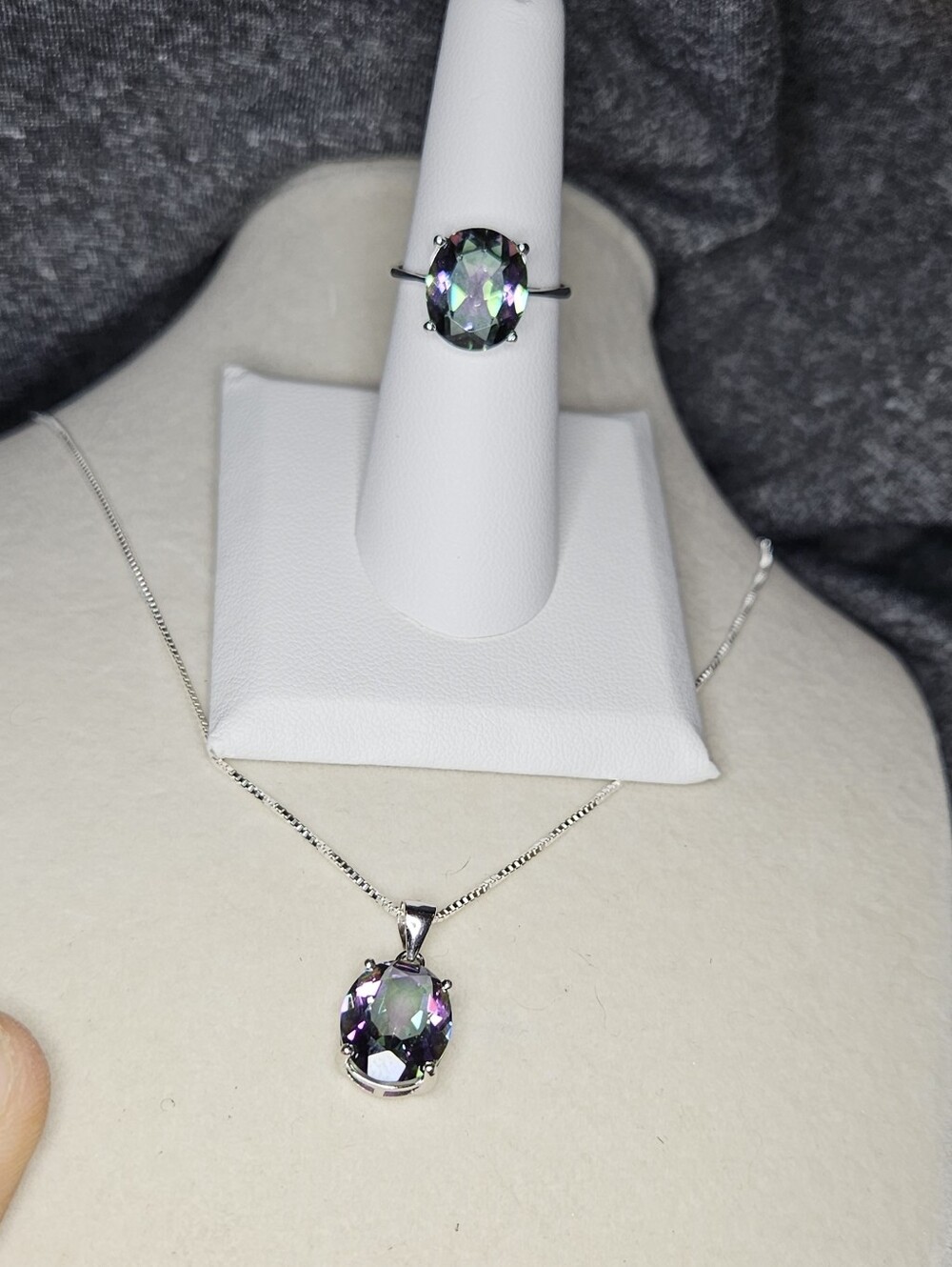 Mystic Topaz Oval Pendant Necklace and Ring Set - Purple/Green